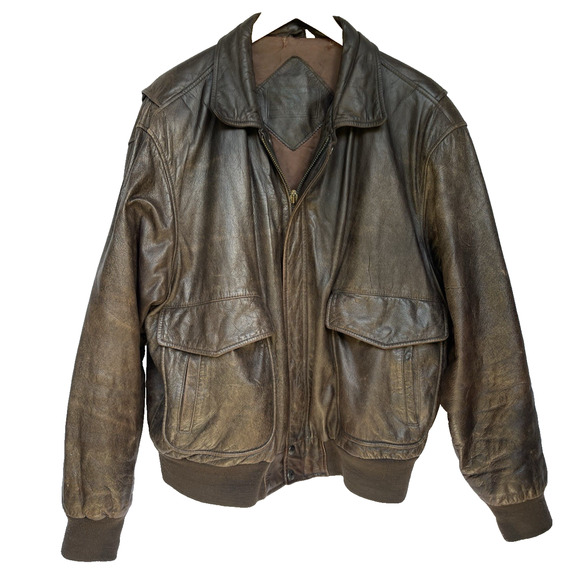 Vintage Roundtree & Yorke Men's Brown Genuine Leather Bomber Jacket Lrge Aviator - Picture 1 of 14